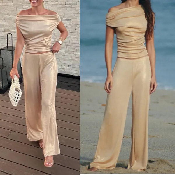 Zara NWT gold shimmery stretchy flowy pants - Image 2