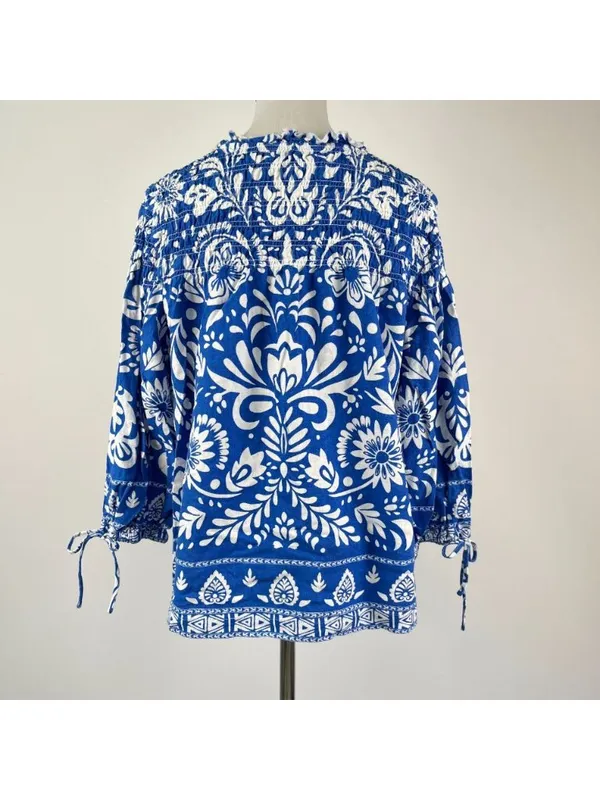 NWOT John Mark Linen Blend Floral Smocked Sleeves Top Blouse Shirt Blue Size M - Image 6