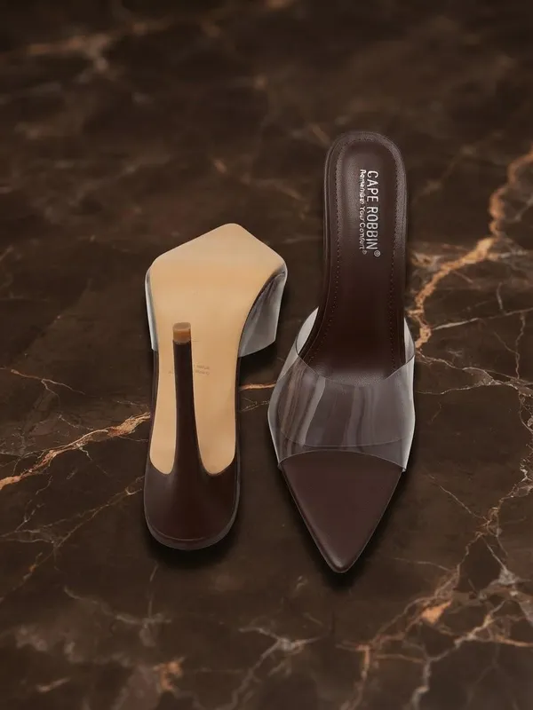 Cape Robbin Women’s Dark Brown Clear Strap Pointed Toe Stiletto Mules – High Heels NWT - Image 2