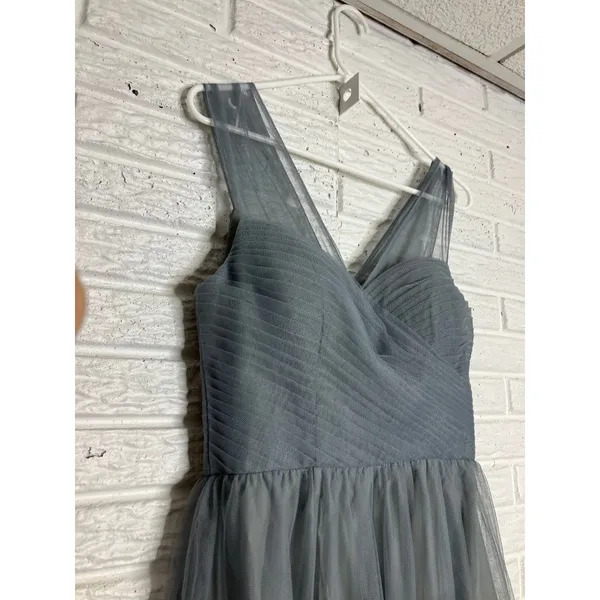 Birdy Grey Tulle Maxi Dress Womens‎ XS Blue Good Pleated V-Neck Bridesmaid Gown - Image 5