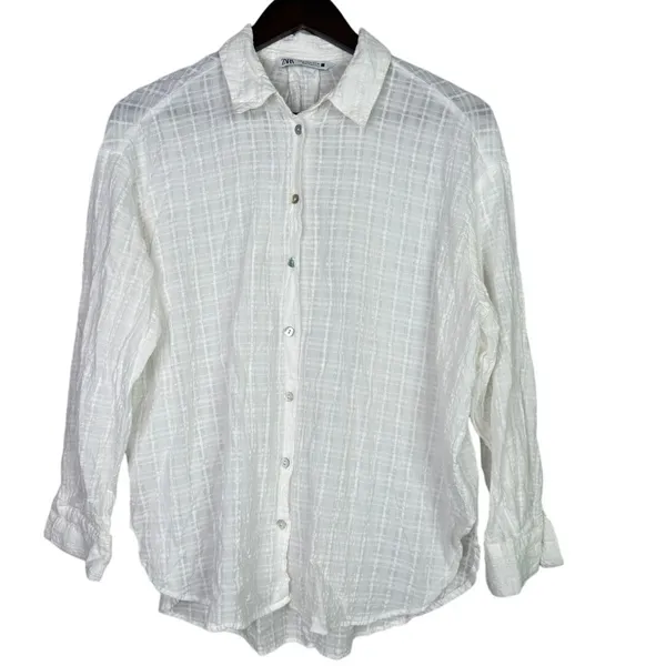 Zara Relaxed Lightweight Fit Cotton Button Down Collar Shirt Long Sleeve M White - Image 13