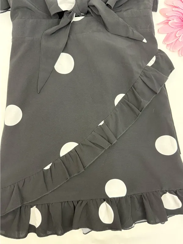 SNDYS. Morocco Mini Dress Black White Polka Dot Front Tie Cutout - Image 9