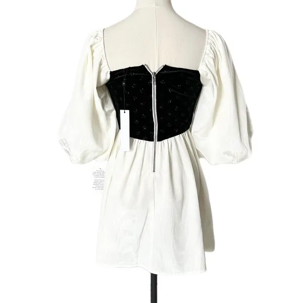 NEW For Love & Lemons Black White Velvet Polka Dot Puff Sleeve Mini Dress XS - Image 4