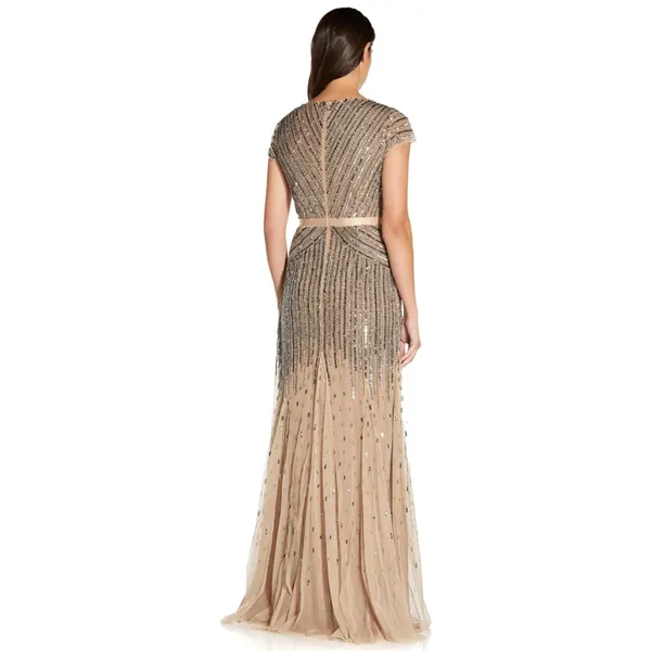 NWT Adrianna Papell Long Beaded‎ V-Neck Gown w/ Cap Sleeves & Waistband – Size 6 - Image 3