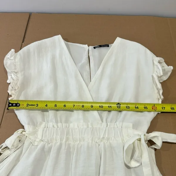 🍁 Zara Ruffle V-neck Mini Dress‎ Cinched Waist Ties White Small - Image 11
