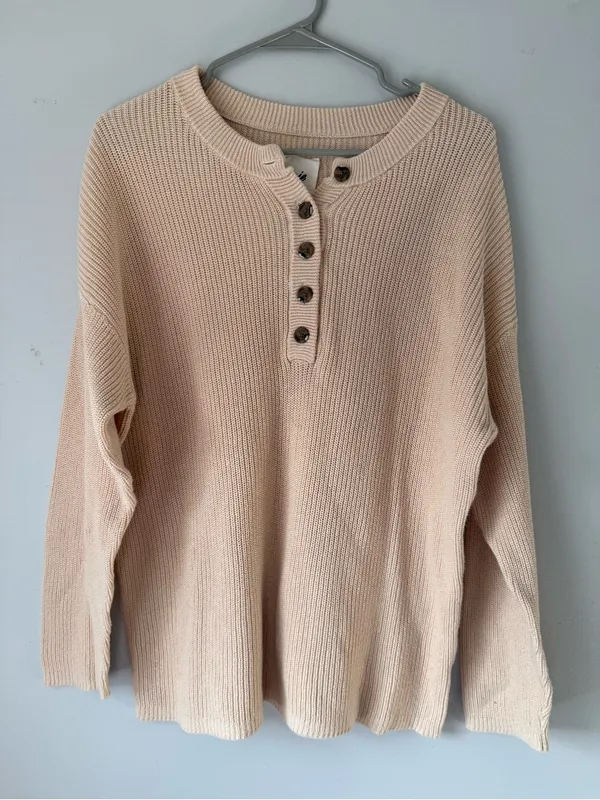 Aerie Knit Cotton Henley Sweater Button Up Hippie Boho Brown Tan Size S - Image 6