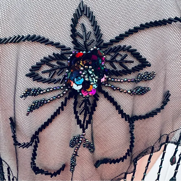 Vintage Beaded Black Mesh Caplet Collar Scarf with Fringe & Sequins - Image 10