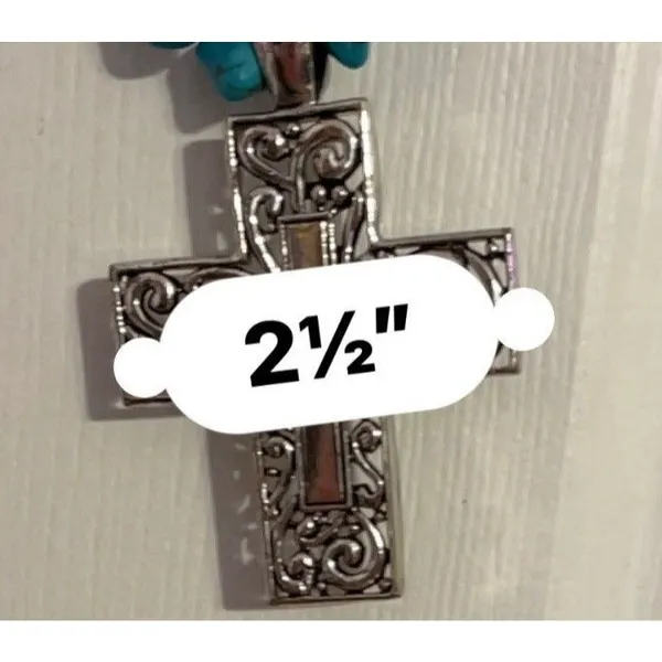 Necklace Matching Earrings Turquoise Beads Silver Cross Jewelry Set Boho Western - Image 7