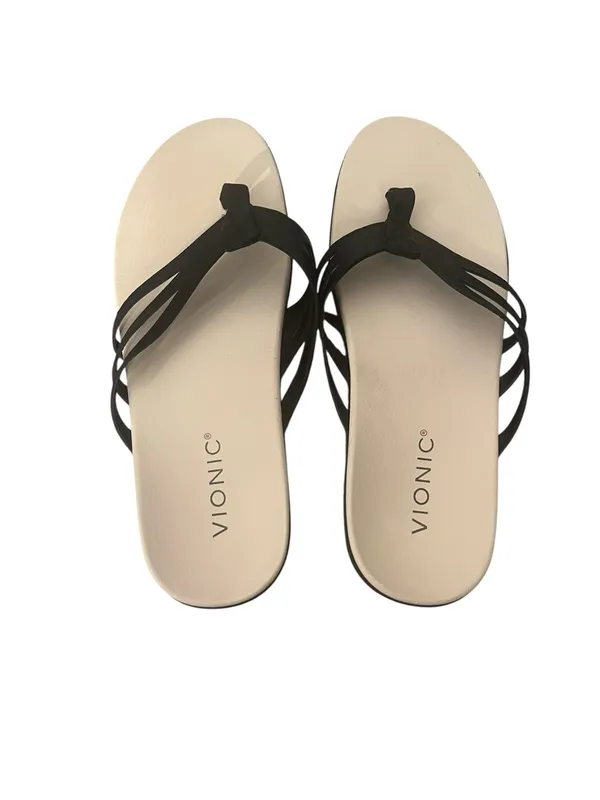 Vionic Alta Toe Post Sandals Black Leather Cream Thong Comfort Shoes 8.5M - Image 4