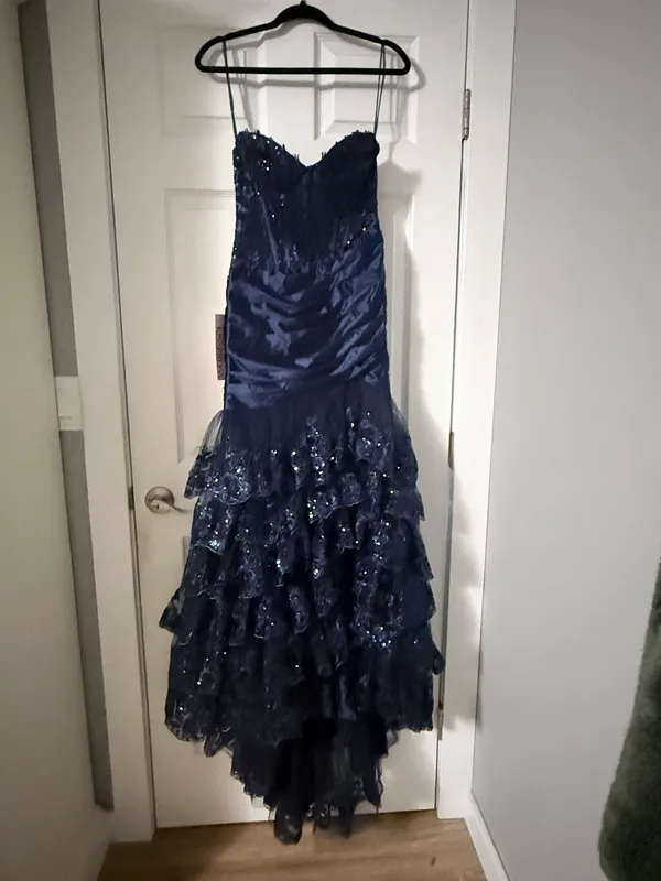 Navy Blue Strapless Sweetheart Mermaid Pleated Layered Long Prom Dress With Slit - Image 3