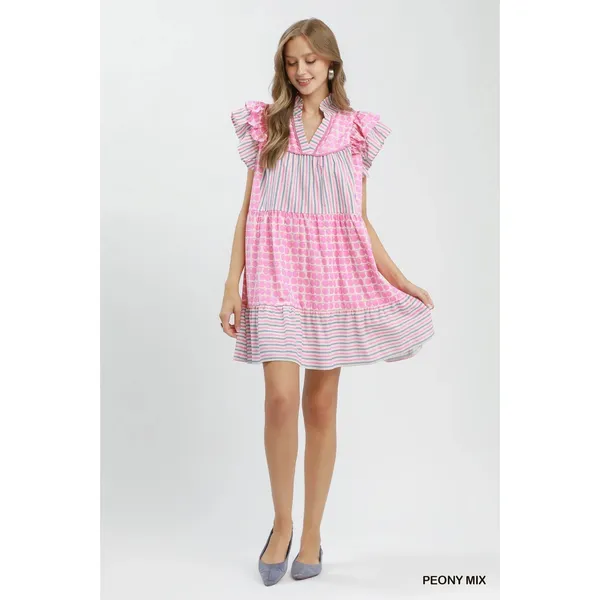 Umgee Mix Patchwork Flutter Sleeve Tiered Dress - Peony Mix - Large - Image 4