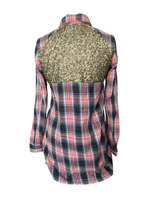 Free People Plaid Button-Down Tunic Shirt Gold Sequin Shoulder Accents S/P - Image 3