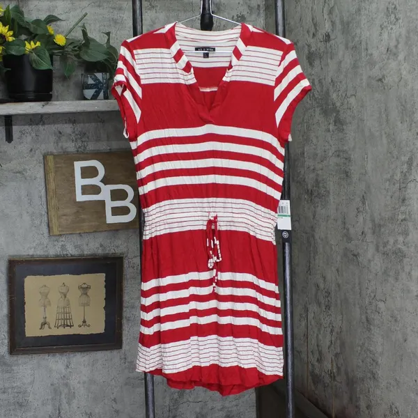 NWT As U Wish Juniors Striped Drawstring T-Shirt Dress Red Stripe L - Image 3