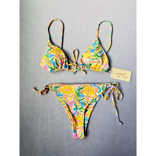 Aurelle‎ Floral Bikini Set Size Large Retro Tropical Tie Side Swim Set - Image 2