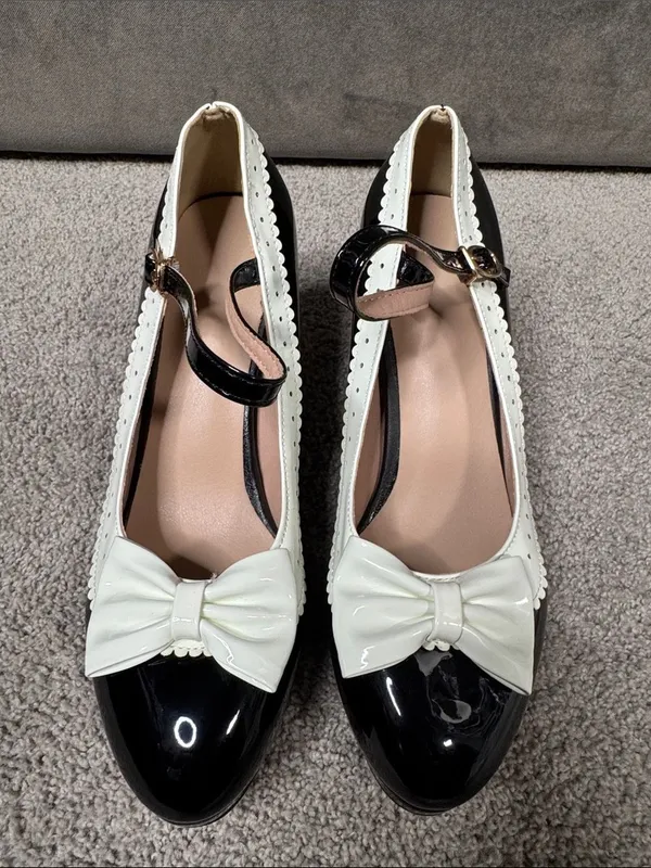 Women’s Black Chunky Heel Mary Jane Pumps Cute Bow Round Toe Size 9.5 NEW - Image 3