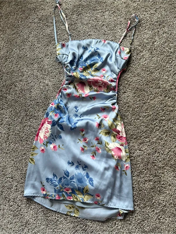 Blush BJ Light Blue Floral Satin Mini Dress with Spaghetti Straps - Image 2
