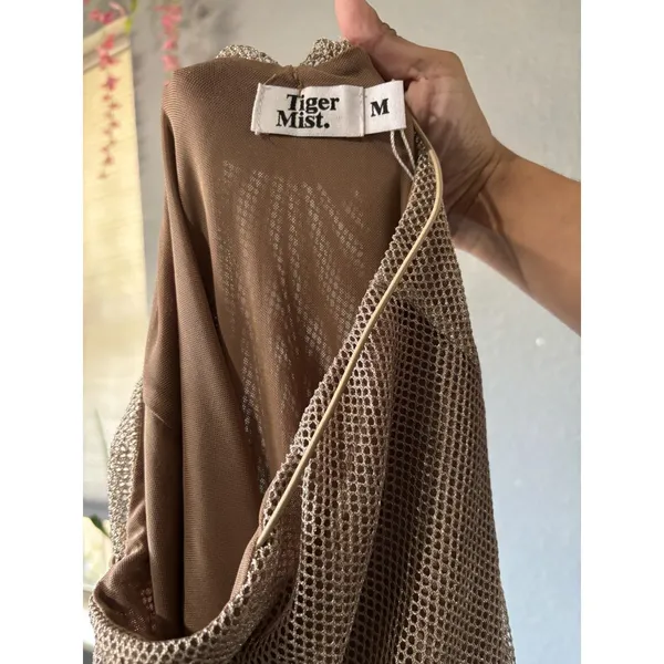 Tiger Mist Bronze Taupe Metallic Mesh Midi Dress Heart Back Y2K Size M - Image 2