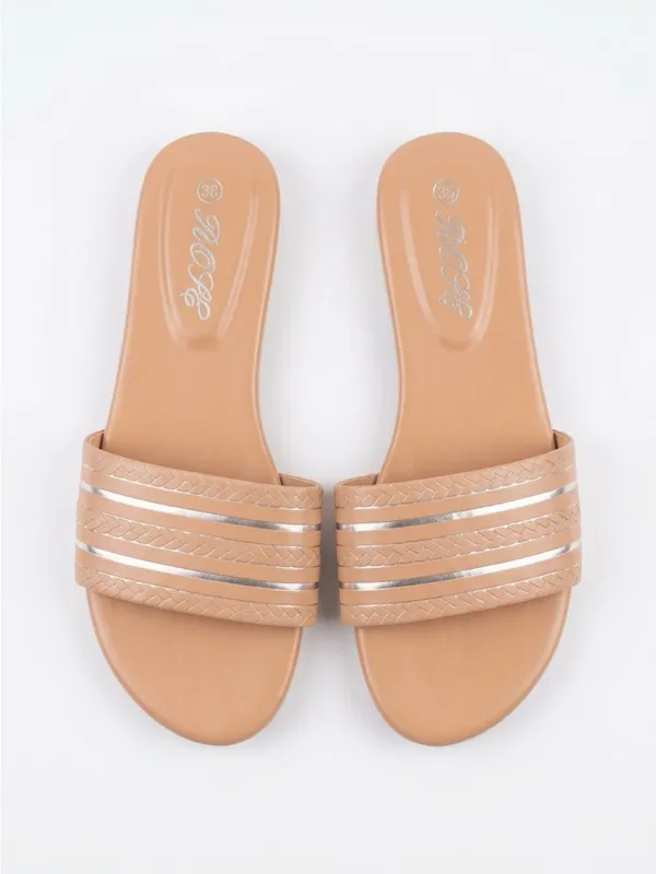 Beige Slide Sandals with Metallic Stripe - Women - Image 2