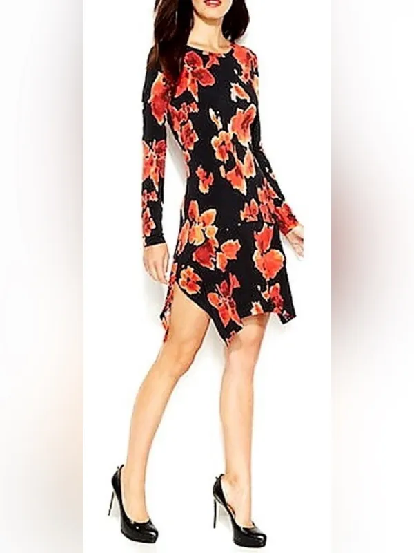 NWT MICHAEL Michael Kors Black & Red Floral Long Sleeve Drop Hem Dress Size S - Image 6