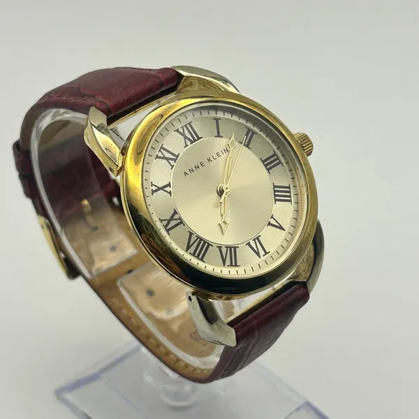 Anne Klein Gold Tone Red Genuine Leather Roman Numerals Markers Women’s Watch - Image 3