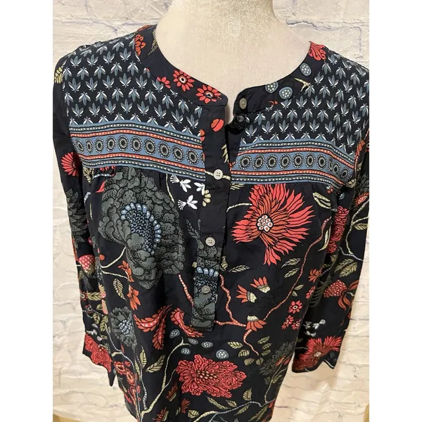ANN TAYLOR LOFT WOMENS BOHO BLOUSE Navy FLORAL LONG SLEEVE Round Neck Medium - Image 2