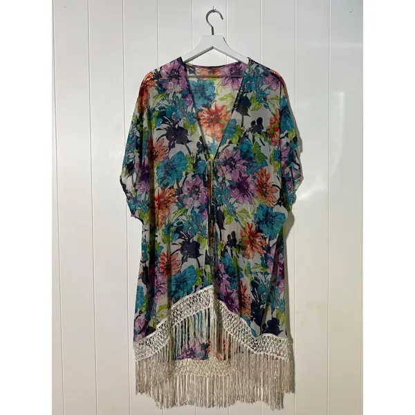 Floral Kimono Cover-Up With Fringe Hem & Tie Closure Multiple Colors M/L - Image 3
