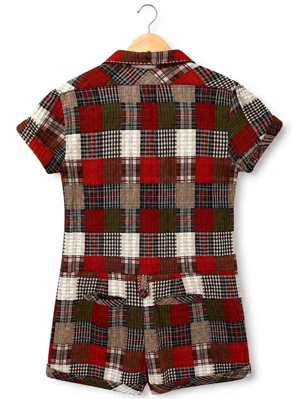 NWT Size M Patchwork Plaid Romper Short Sleeve Fall Boho Jumpsuit country chic - Image 2