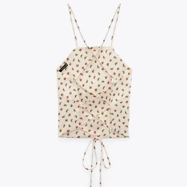ZARA Watermelon Print Satin Effect Crisscross Lace-Up Tie Back Crop Top‎ Size XS - Image 9
