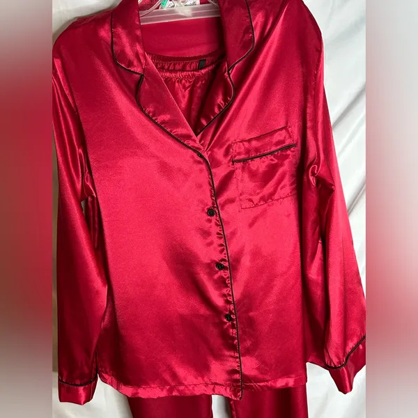 Linea Donatella Womens Satin Notch-Collar Pajama Set Size Large Color red - Image 2