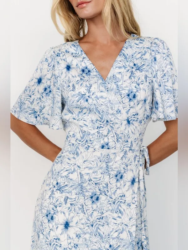 NWT Baltic Born Amelie Midi Wrap Dress Floral Blue and White Print Flowy - Image 12