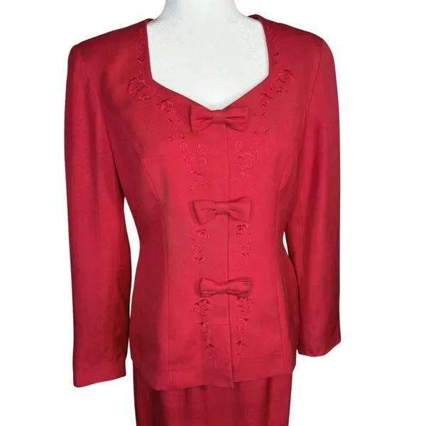 Vintage 90s Liz Claiborne 100% Silk Red Skirt Suit Set Bow Embroidery Size 6‎ - Image 2