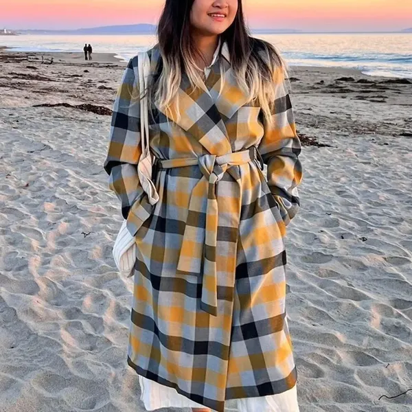 Rachel Zoe yellow tartan plaid S lightweight trench coat - Image 7