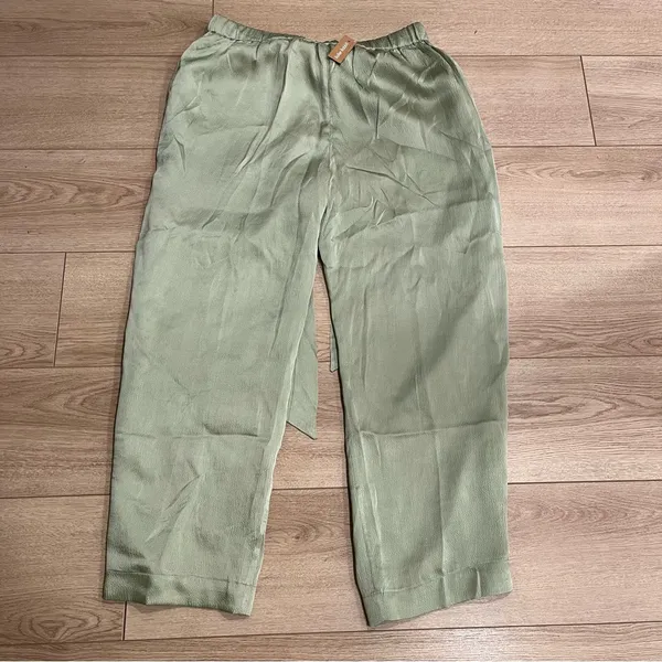 NWT Roller Rabbit Sage Green Satin Textured Drawstring Pull On Pants Size L - Image 4