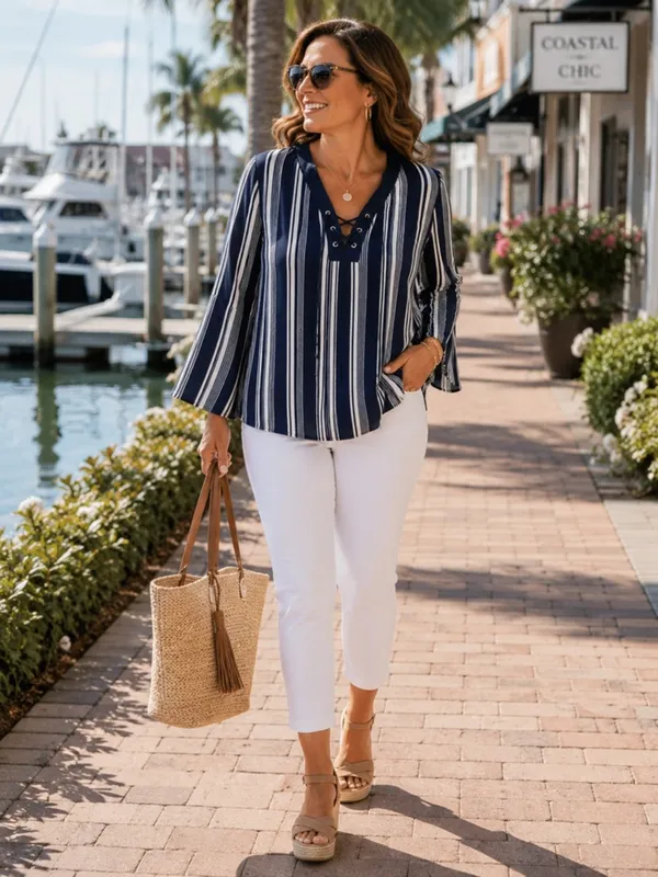 Karina & Chloe Womens XL Navy White Stripe Lace Up Peasant Boho Blouse Top - Image 2