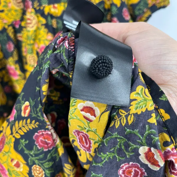 Farm Rio Arabesque Floral Mini Dress Puff Sleeve Tiered Black Yellow Large - Image 9
