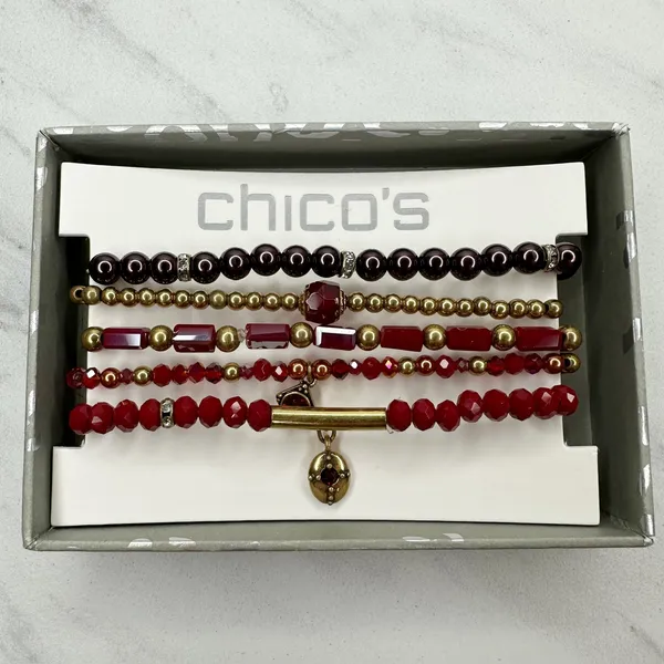 Chico's Gold Tone Stretch Bracelet Set of 5 Red Burgundy ✨ - Image 2