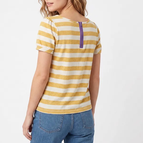Camiseta T-Shirt Womens L Striped Yellow White Purple Back Zipper Casual Exc - Image 2