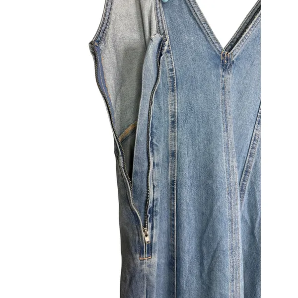Zara Oversized Denim Seamed V Neck Sleeveless Midi Dress Side Zip Up S Blue Wash - Image 9