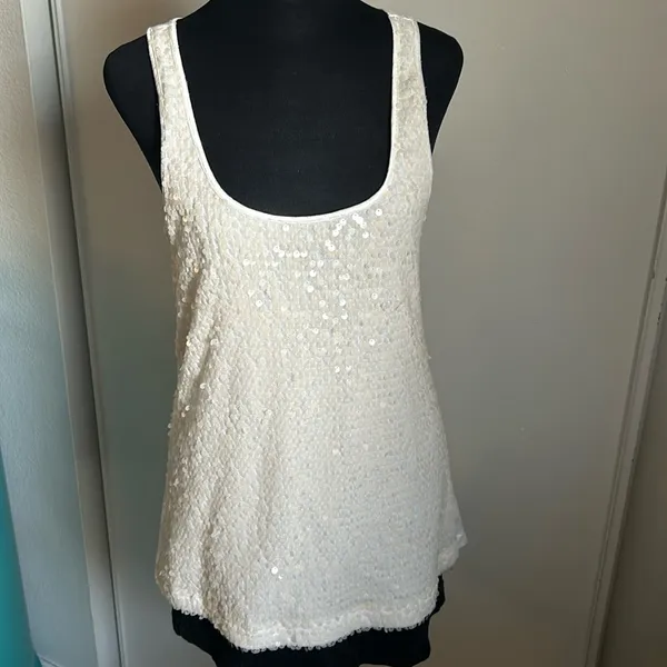 Express Dressy Women’s Ivory Translucent Sequin Long Scoop Neck Tank Top - Image 11