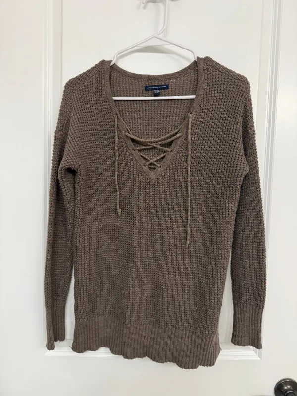 American Eagle Brown Open Knit Lace Up Sweater Women’s Small - Image 3