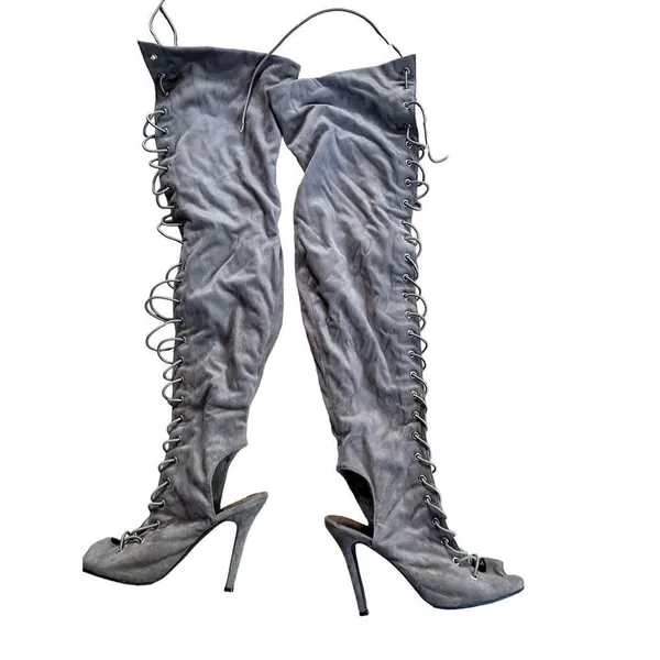 Lace Up Stiletto Heel Heels over the knee -Gray Faux Suede, Size 7 - 4.5”heels - Image 2