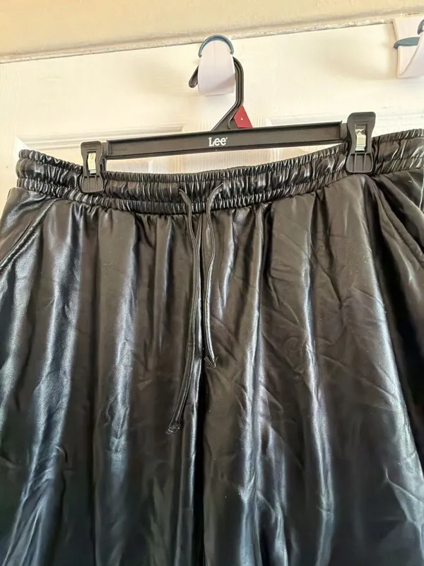 Black Faux Leather Elastic Waist Drawstring Jogger Pants EPI1238-J - Image 5