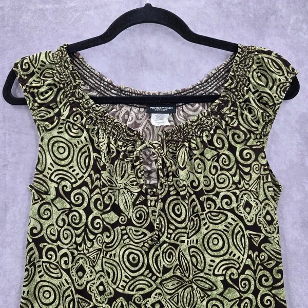Perseption‎ Concept Brown Green Floral Smock Sleeveless Paisley Swirl Top Small - Image 3