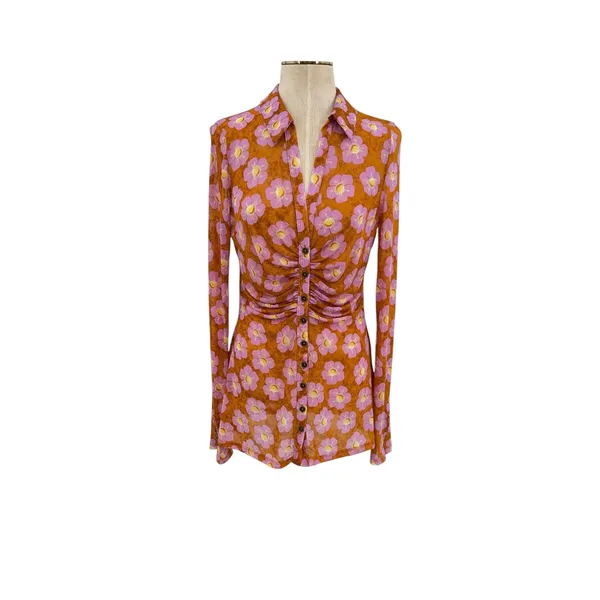 Free People Lucky Shirt Mesh Floral Ruched Button Front‎ Coffee Combo Medium - Image 3