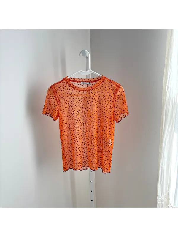 Zara NWT Women's Orange Sheer Mesh Purple Polka Dot Pattern Blouse Top Size S - Image 2