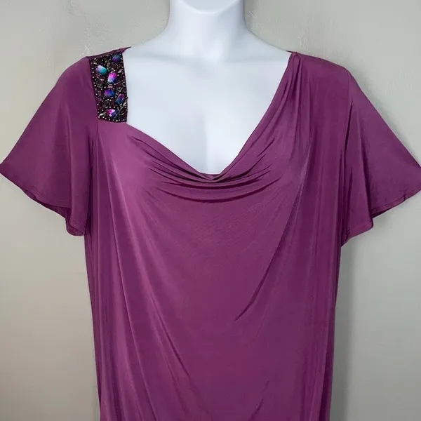 Maurices Going Out Top Plus Size 1 1X Dark Purple Slinky Knit Drape Neck Beaded - Image 2