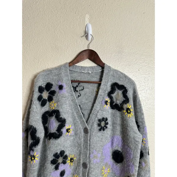 Miu Miu Flower Intarsia Cardigan in Grey Soft Fuzzy Mohair Womans 42/ US 6 - Image 3