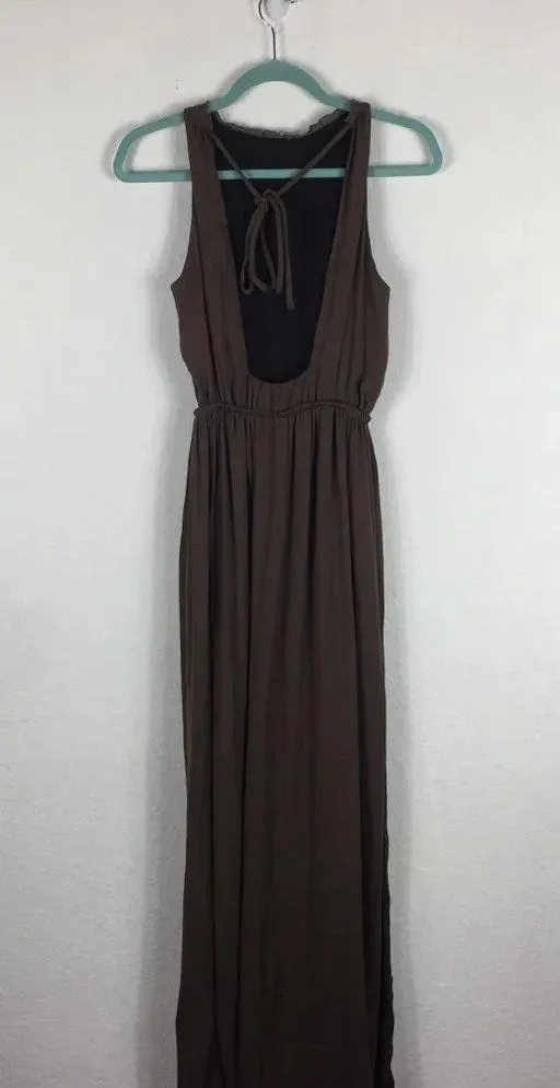 Zara Empire Waist Brown Satin Open Back Slit Maxi Dress Size XS - Image 15