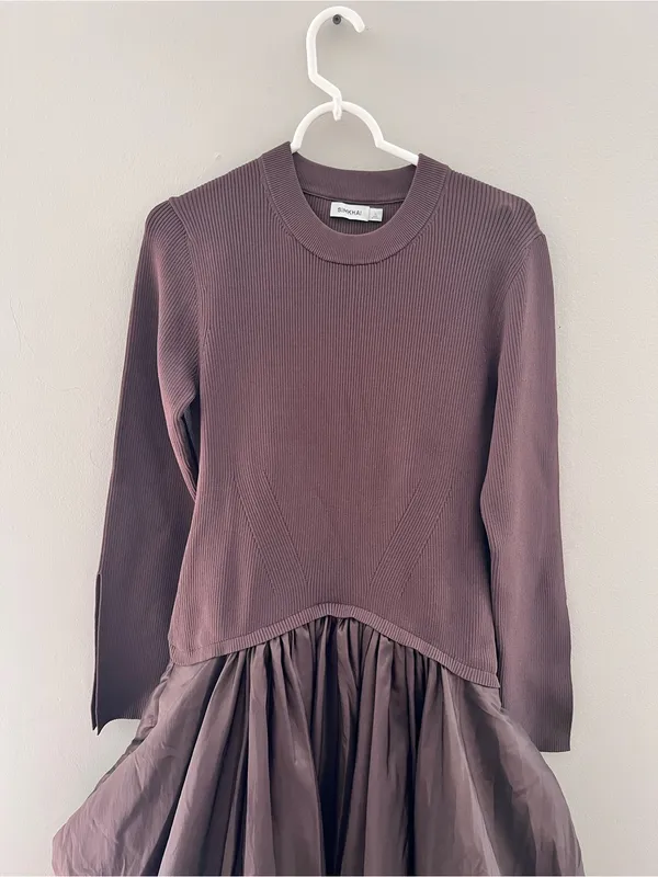 SIMKHAI Kenlie Ribbed Knit Bodice Taffeta Bubble Dress Brown Size Large NWOT - Image 6