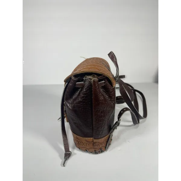 Brown/Tan Floral Tooled Embossed Mini Backpack Drawstring Flap Buckle Silver - Image 3